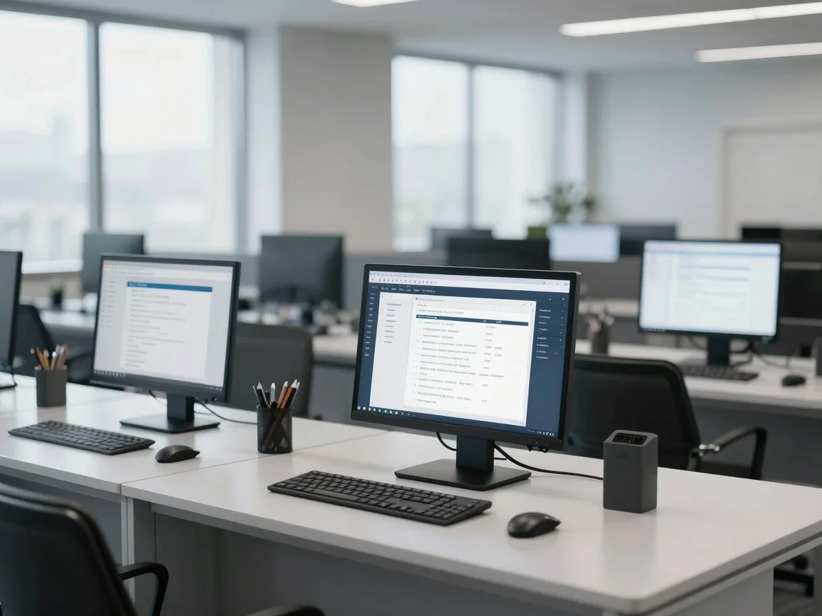 Organized work surfaces with digital documentation mockups on cle