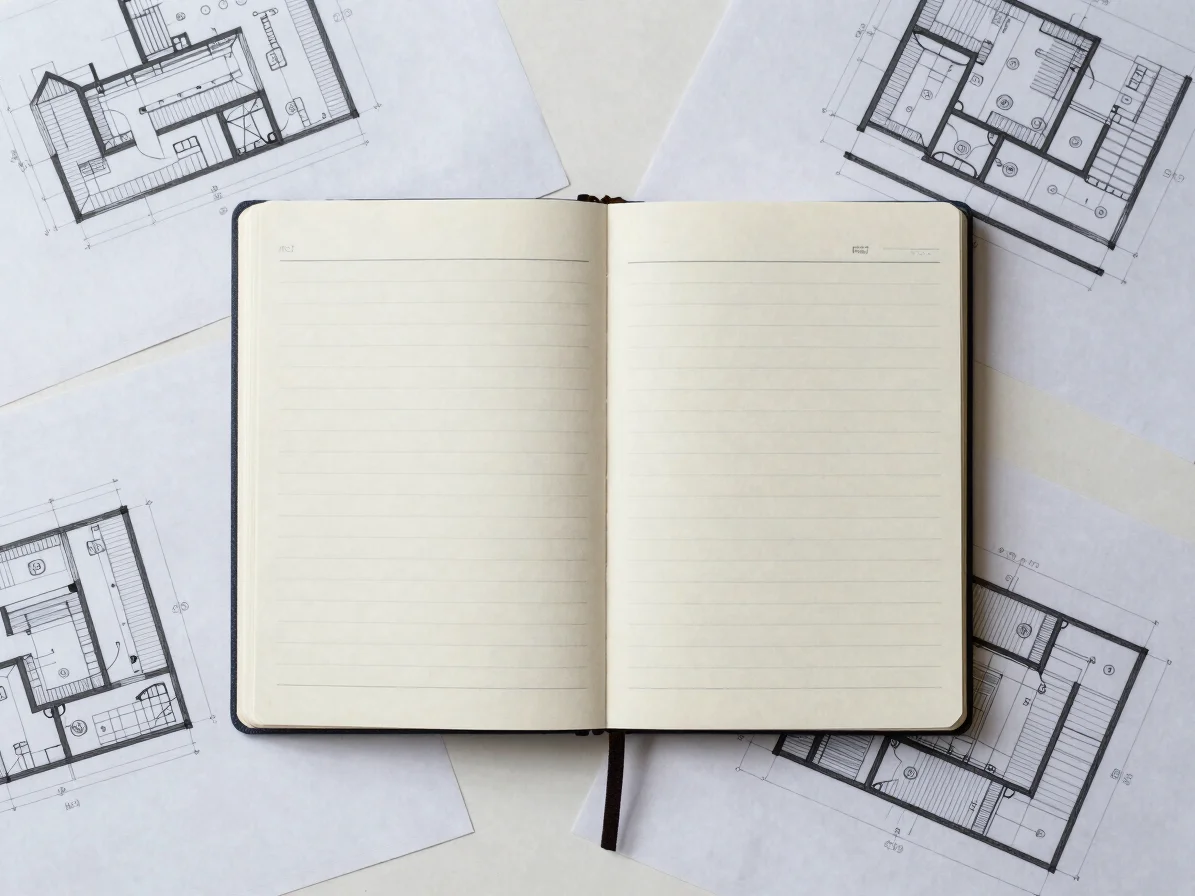 Overhead flat-lay of technical drafting plans and planning notebo